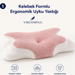 Viscomina Kelebek Uyku Yastığı Boyun Destekli %100 Memory Foam Visco Yastık (PEMBE)