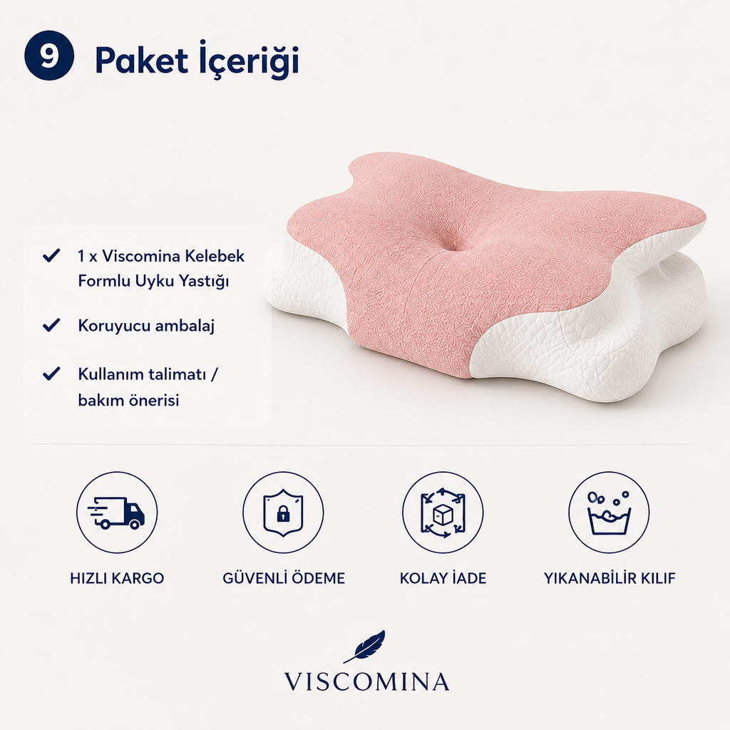 Viscomina Kelebek Uyku Yastığı Boyun Destekli %100 Memory Foam Visco Yastık (PEMBE)