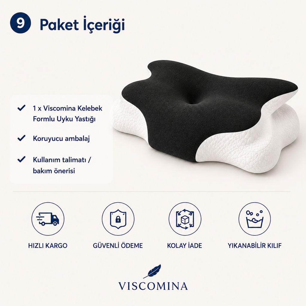 Viscomina Kelebek Uyku Yastığı Boyun Destekli %100 Memory Foam Visco Yastık (SİYAH)