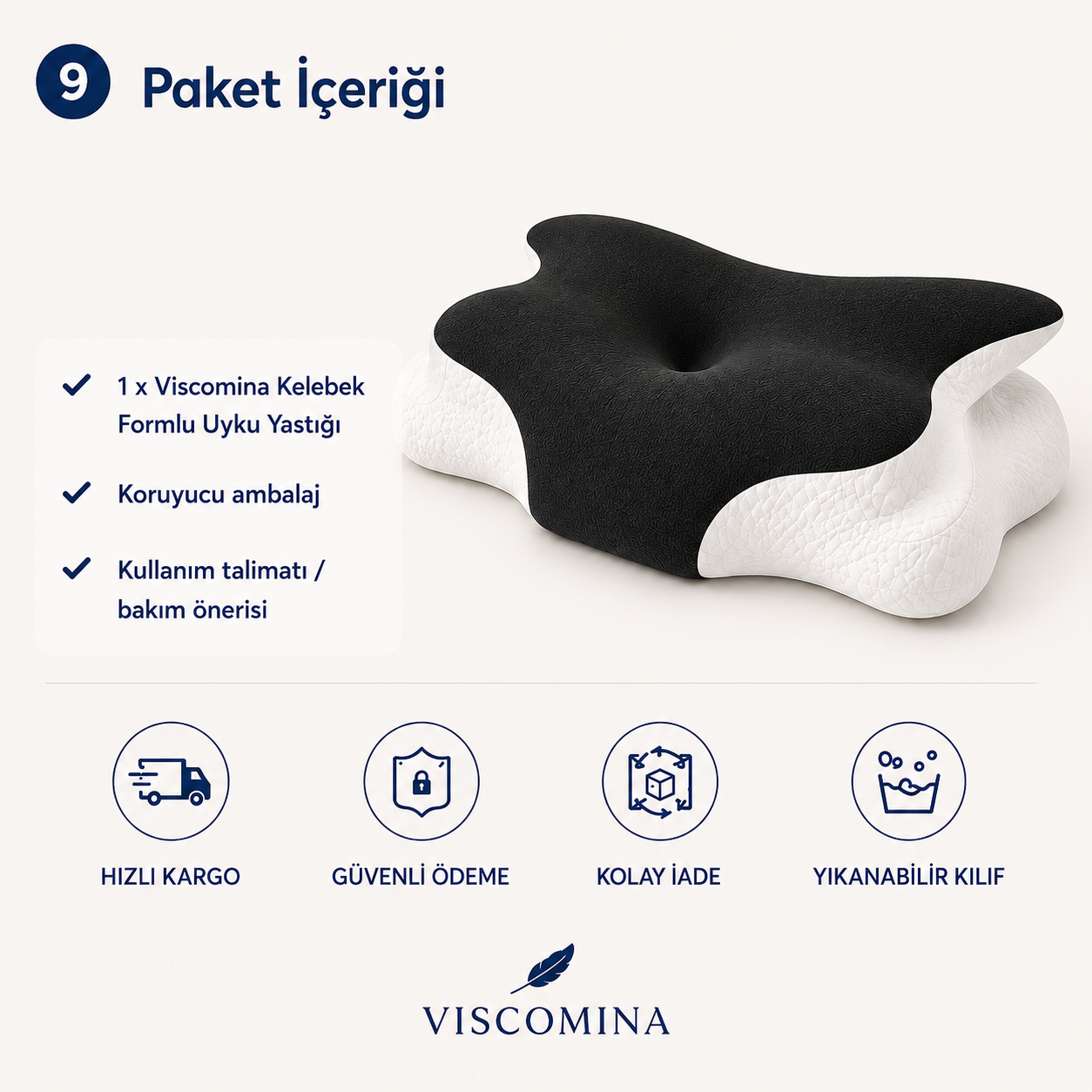 Viscomina Kelebek Uyku Yastığı Boyun Destekli %100 Memory Foam Visco Yastık (SİYAH)