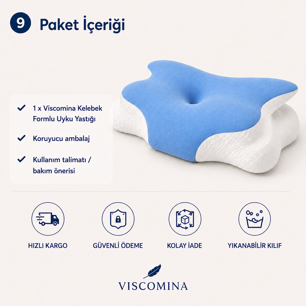 Viscomina Kelebek Uyku Yastığı Boyun Destekli %100 Memory Foam Visco Yastık (MAVİ)