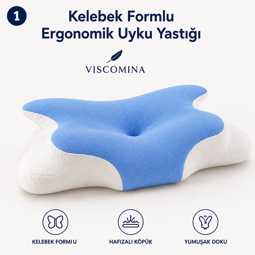 Viscomina Kelebek Uyku Yastığı Boyun Destekli %100 Memory Foam Visco Yastık (MAVİ)