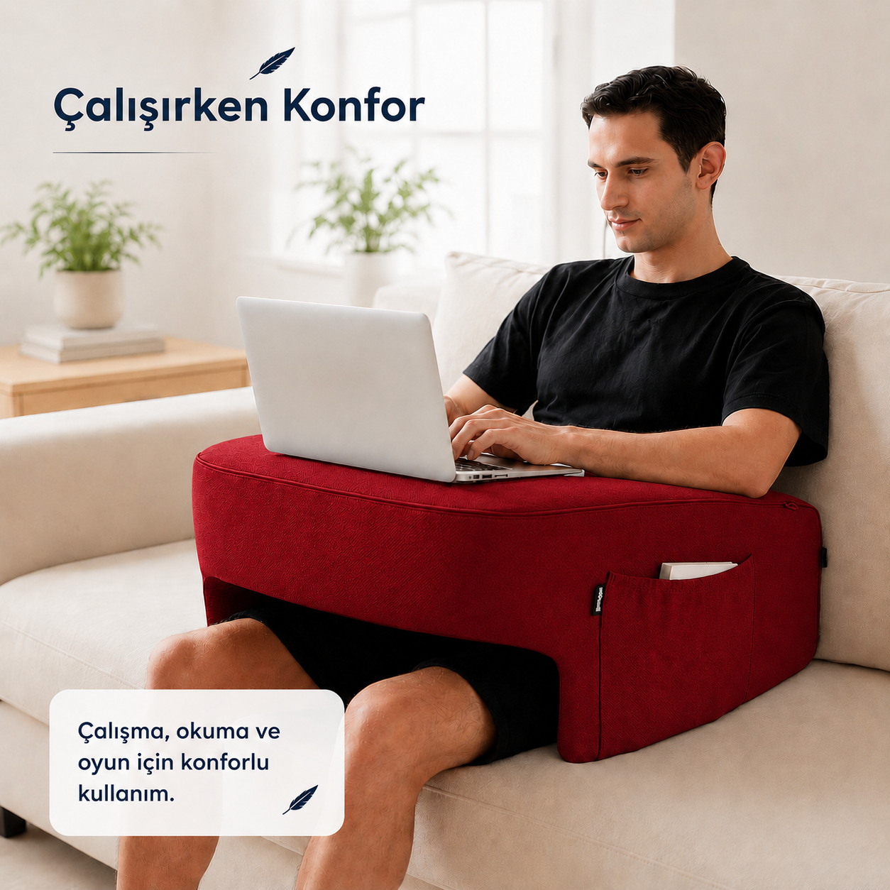 Viscomina Dizüstü Yastık Masası | Ekstra Cepli Laptop, Kitap ve Okuma Yastığı (BORDO)