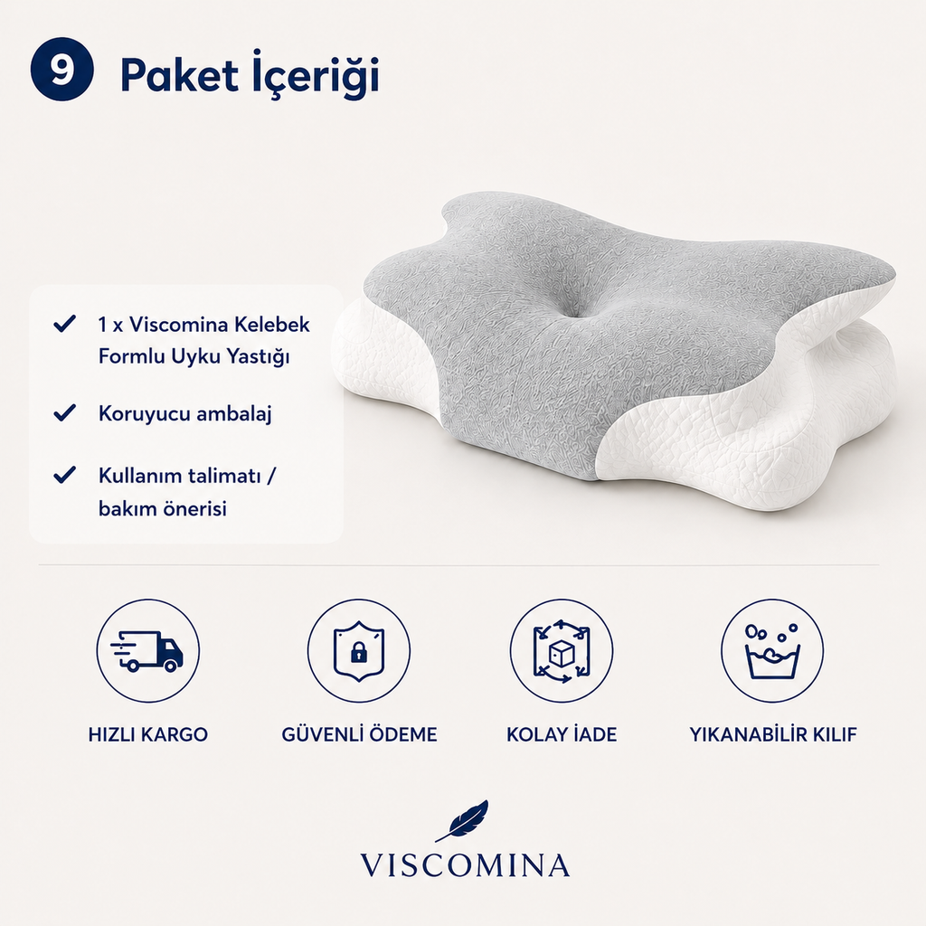 Viscomina Kelebek Uyku Yastığı Boyun Destekli %100 Memory Foam Visco Yastık (GRİ)