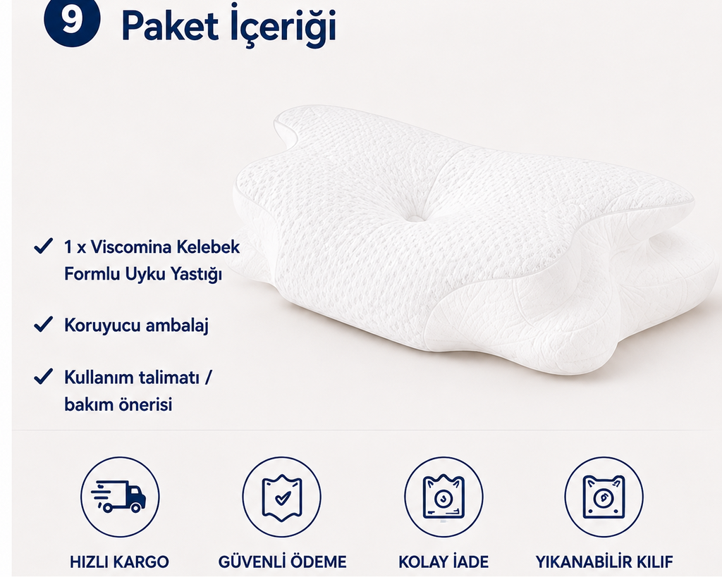 Viscomina Kelebek Uyku Yastığı Boyun Destekli %100 Memory Foam Visco Yastık (BEYAZ)