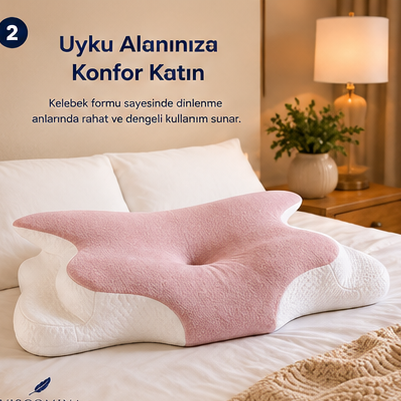 Viscomina Kelebek Uyku Yastığı Boyun Destekli %100 Memory Foam Visco Yastık (PEMBE)
