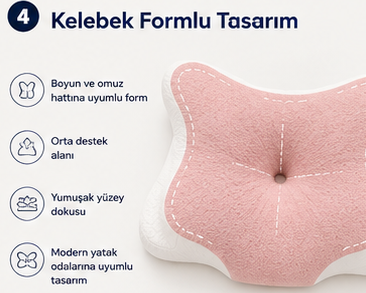 Viscomina Kelebek Uyku Yastığı Boyun Destekli %100 Memory Foam Visco Yastık (PEMBE)