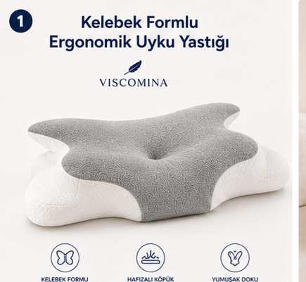 Viscomina Kelebek Uyku Yastığı Boyun Destekli %100 Memory Foam Visco Yastık (GRİ)