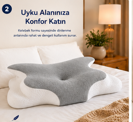 Viscomina Kelebek Uyku Yastığı Boyun Destekli %100 Memory Foam Visco Yastık (GRİ)