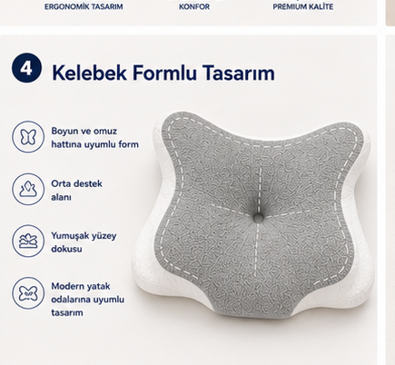 Viscomina Kelebek Uyku Yastığı Boyun Destekli %100 Memory Foam Visco Yastık (GRİ)