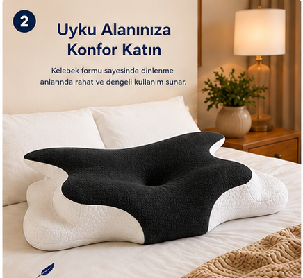 Viscomina Kelebek Uyku Yastığı Boyun Destekli %100 Memory Foam Visco Yastık (SİYAH)