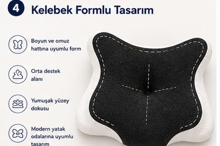 Viscomina Kelebek Uyku Yastığı Boyun Destekli %100 Memory Foam Visco Yastık (SİYAH)